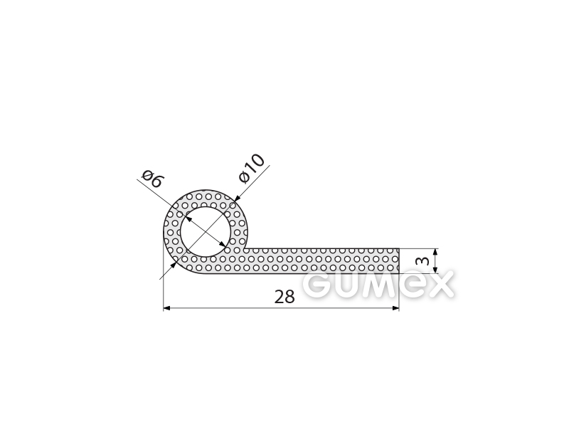 "P" mikroporöses Gummiprofil mit Loch, 28x10/3mm, Dichte 500kg/m3, EPDM, -30°C/+80°C, schwarz, 